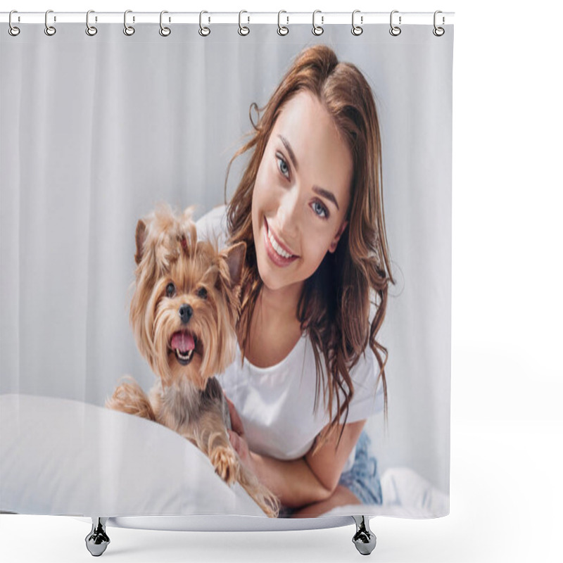 Personality  Portrait Of Young Smiling Woman With Yorkshire Terrier Resting On Bed Isolated On Grey Shower Curtains