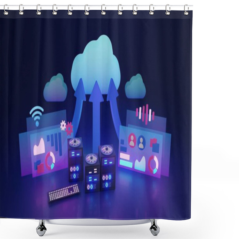 Personality  Cloud Migration As File Integration And Upload 3D Illustration Concept. Smart Data Management And Storage System For Back Up Servers. User Information Transfer From HDD Drives To Digital Computing. Shower Curtains