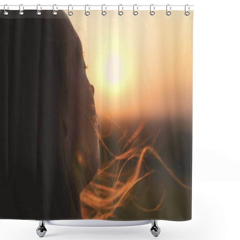 Personality  Young Girl Looks At Sunset And Prays, Religious Person, Her Hair Is Flying In Wind In Glare Of The Sun, To Believe In Goodness, A Womans Dream Of Love, To Think And Ask For Forgiveness From Heaven Shower Curtains