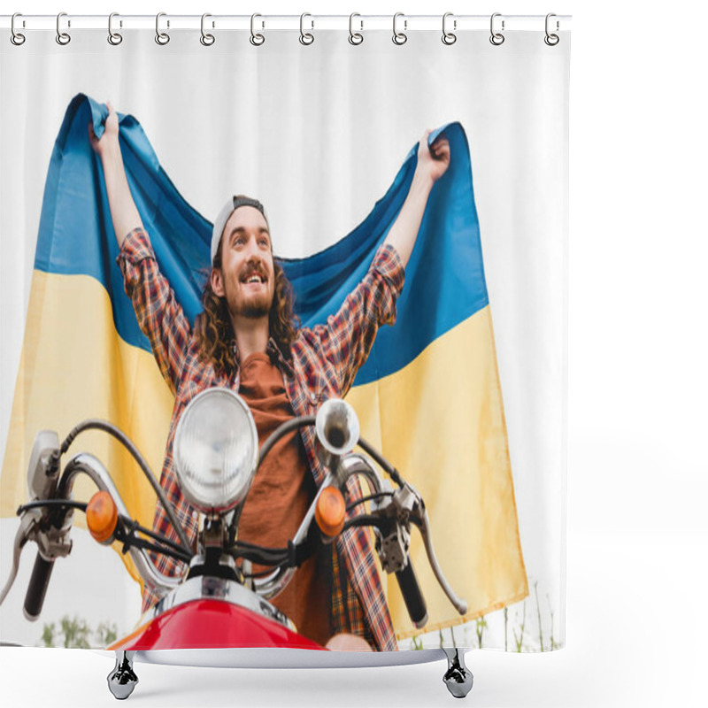 Personality  Low Angle View Of Young Man Sitting On Red Scooter And Holding Ukrainian Flag  Shower Curtains