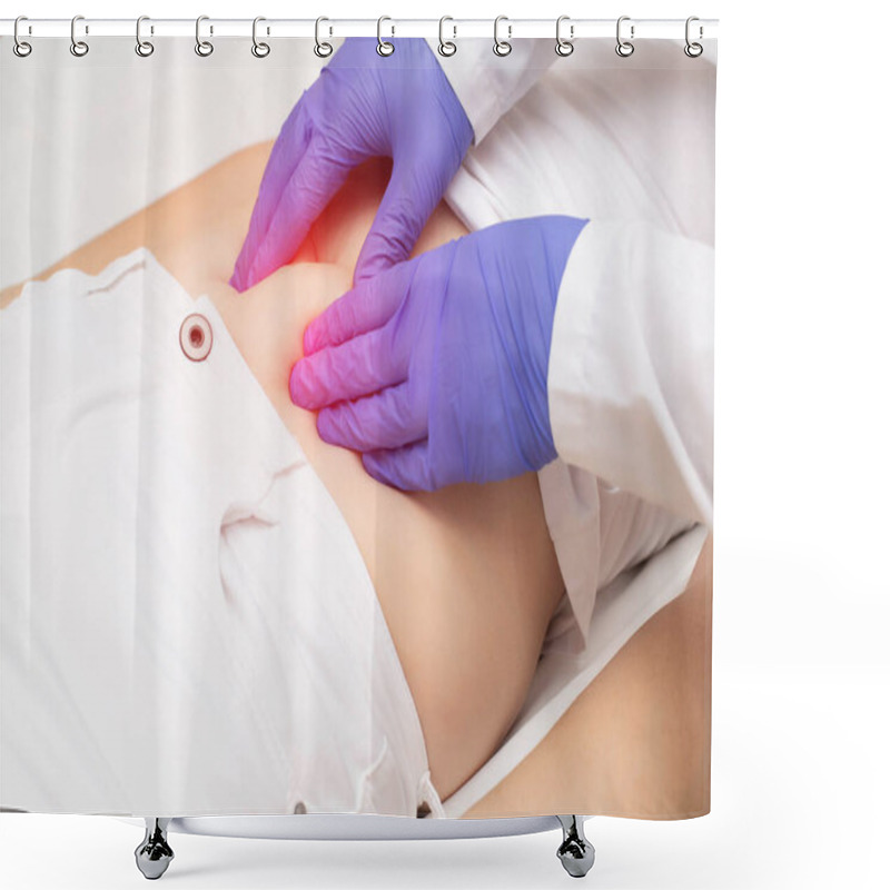 Personality  The Doctor Examines The Intestines Of The Patient With Abdominal Palpation. The Concept Of Bloating Of The Intestines, Flatulence And Intestinal Obstruction Shower Curtains