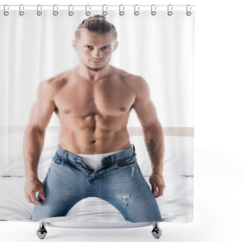 Personality  Sexy Shirtless Man In Jeans Posing In Bed Isolated On White Shower Curtains