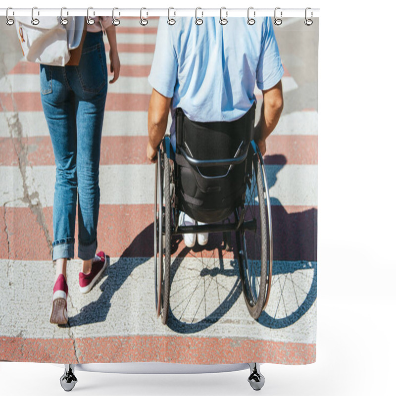 Personality  Cropped Image Of Boyfriend In Wheelchair And Girlfriend Crossing Crosswalk In City Shower Curtains