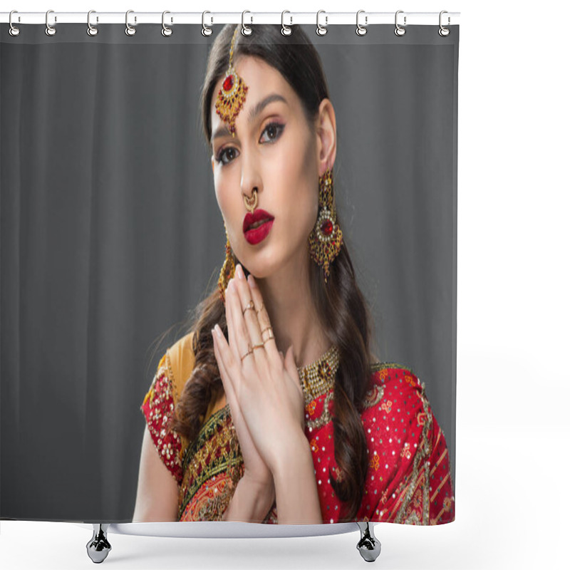 Personality  Attractive Indian Woman In Traditional Clothing And Accessories, Isolated On Grey  Shower Curtains