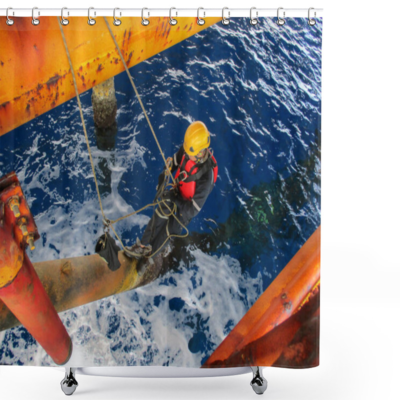 Personality  Male Worker Rope Access  Inspection Of Thickness Offshore Drill Yellow Oil And Gas Production Petroleum Pipeline. Shower Curtains