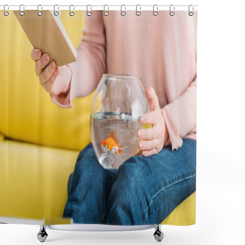 Personality  Partial View Of Woman Holding Book While Sitting With Fish Bowl On Knees Shower Curtains