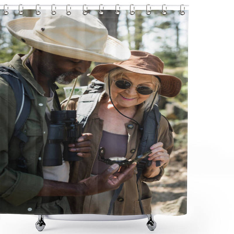 Personality  Smiling Senior Woman Standing Near African American Husband With Binoculars And Compass  Shower Curtains