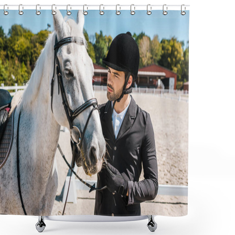 Personality  Serious Handsome Male Equestrian Fixing Horse Halter At Horse Club Shower Curtains