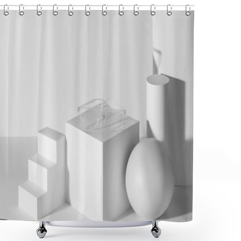 Personality  Transparent Eyeglasses Presented On A Set Of White 3d Shapes Shower Curtains