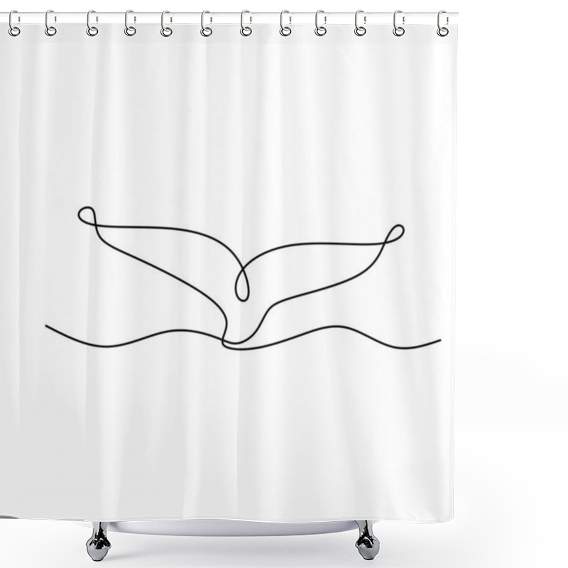 Personality  Whale's Tail One Line Drawing Isolated On White Background. Big Fish Mammal Animal In The Sea On The Wave. Wildlife Concept. Hand Drawn Minimalism Style. Vector Sketch Illustration Shower Curtains