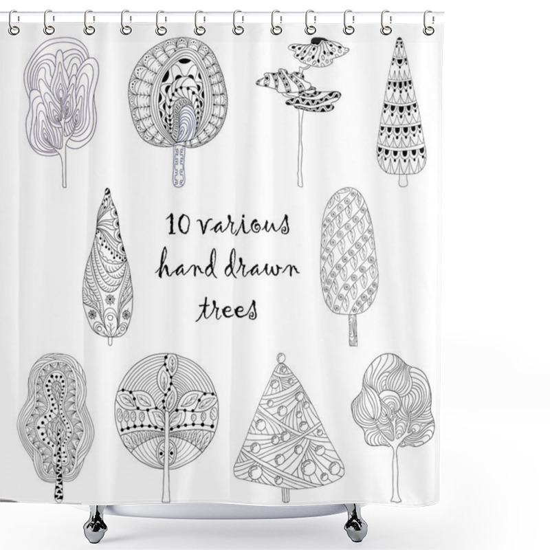 Personality  Hand Drawn Trees Isolated, Sketch, Doodle Style Trees Set Shower Curtains