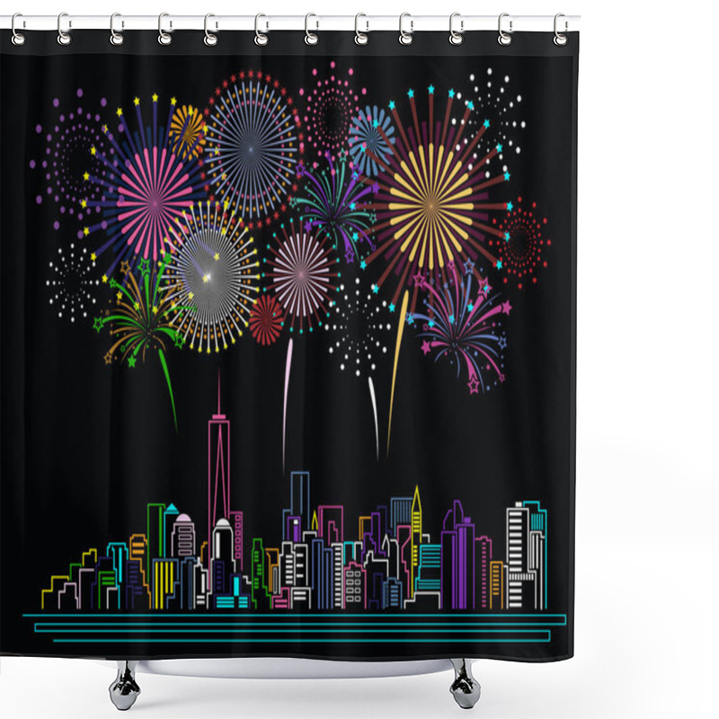 Personality  Cityscape Building Line Art And Firework Design Shower Curtains