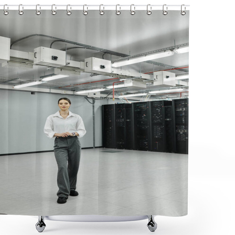 Personality  IT Expert In A White Shirt Manages Tasks In A Modern Server Room. Shower Curtains