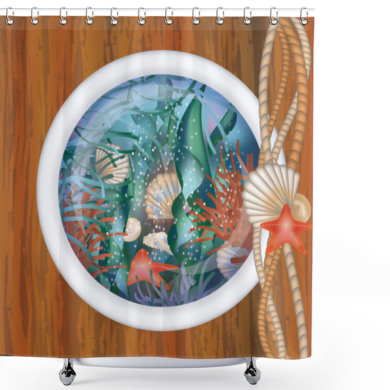 Personality  Ship Porthole Window With Underwater Scene, Vector Shower Curtains