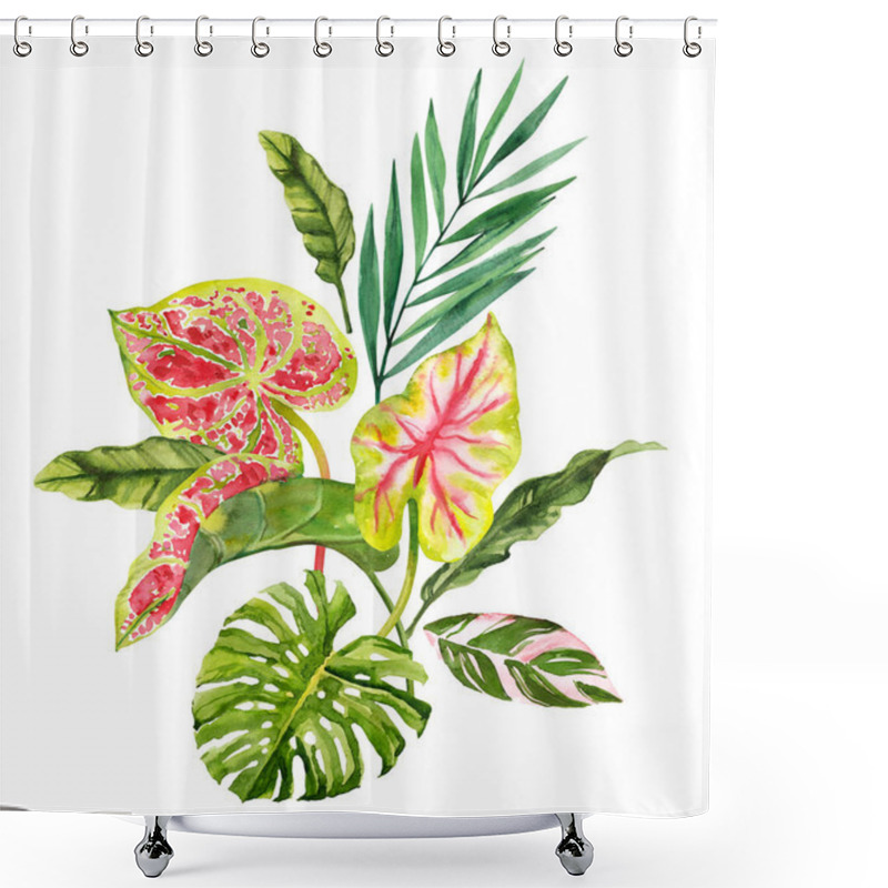 Personality  Watercolor Hand Drawn Rainforest Tropical Leaves Bouquet Composition. Botanical Illustration Isolated On White Background. Hand Painted Watercolor Floral Clip Art Shower Curtains