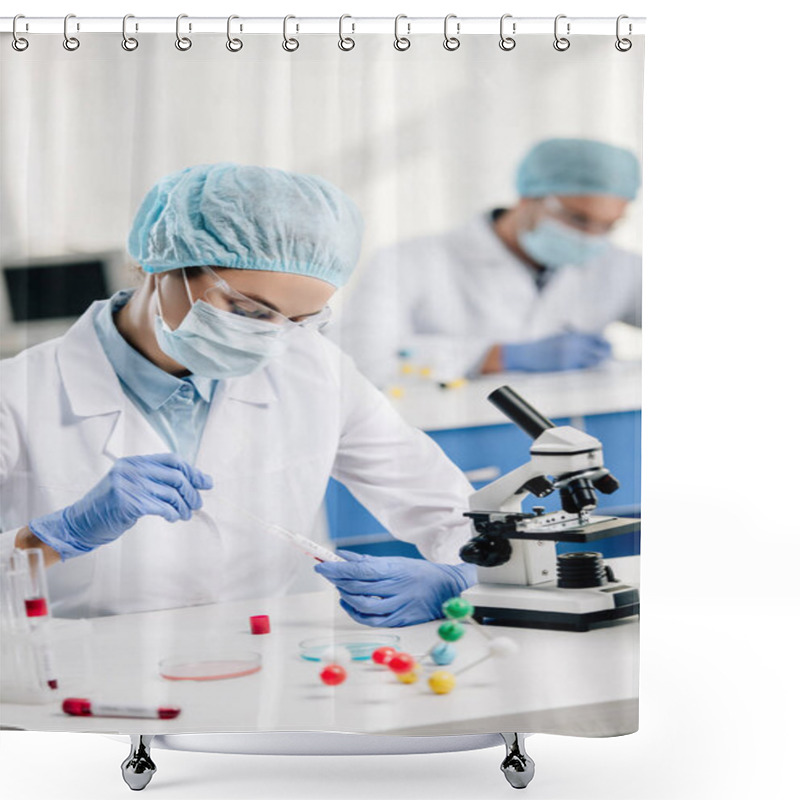 Personality  Selective Focus Of Genetic Consultant Doing Dna Test In Lab  Shower Curtains