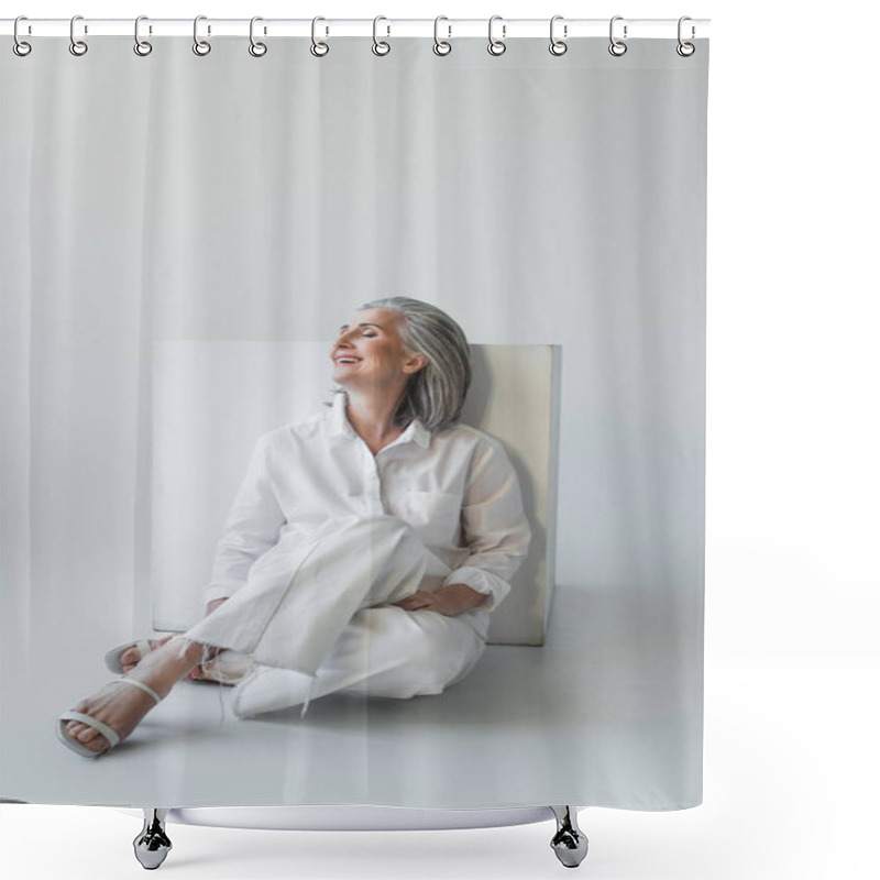 Personality  Cheerful Mature Woman With Closed Eyes Sitting Near Cube On Grey Background  Shower Curtains