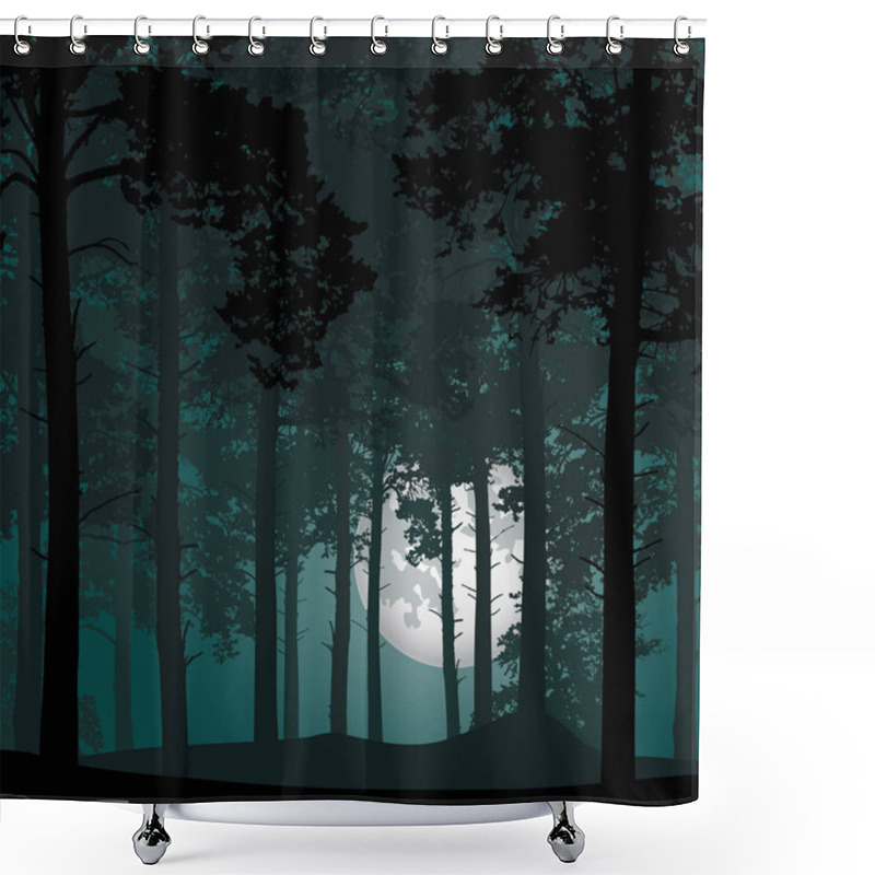 Personality  Vector Illustration Of A Deep Coniferous Forest Under A Night Sky With Full Moon Shower Curtains