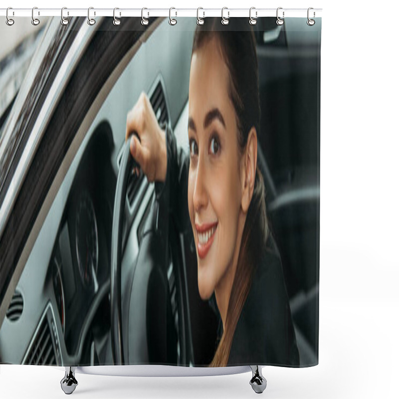 Personality  Panoramic Shot Of Female Taxi Driver Holding Steering Wheel Shower Curtains