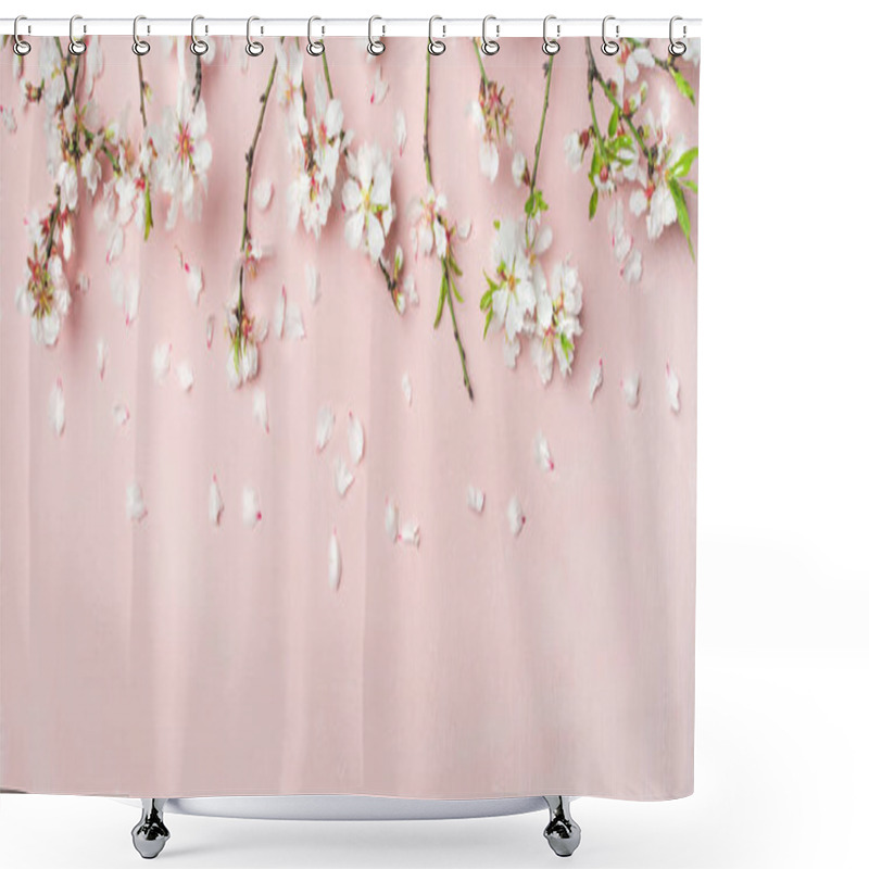 Personality  Spring Floral Background, Texture, Wallpaper. White Almond Blossom Flowers And Petals Over Pink Background Shower Curtains