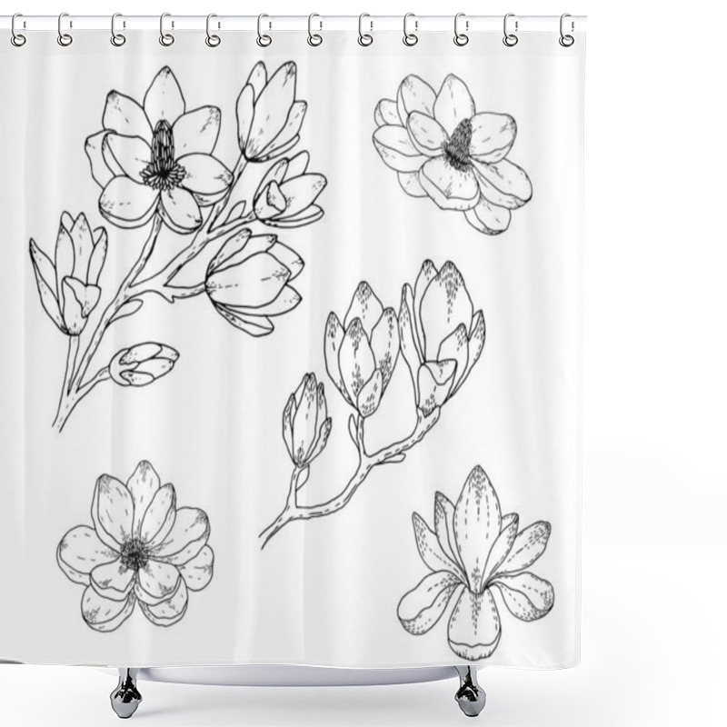 Personality  Magnolia Flower Drawings. Black And White With Line Art On White Backgrounds. Hand Drawn Botanical Illustrations. Shower Curtains