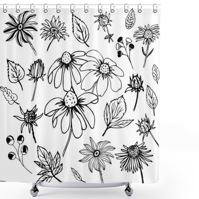 Personality  Collection Of Decor Elements With Outline Daisy Flowers On White Background Shower Curtains