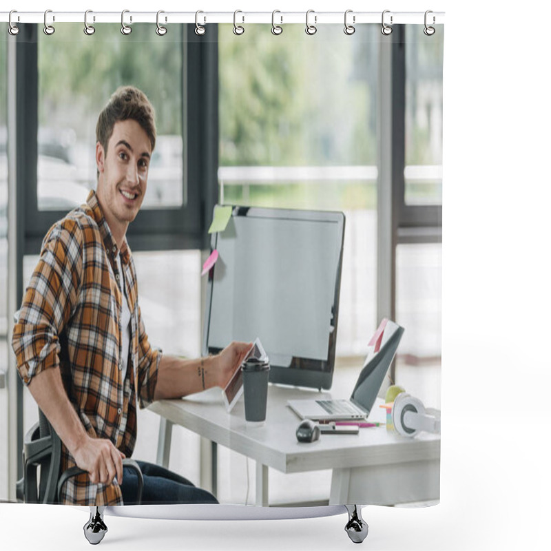 Personality  Happy Programmer Smiling At Camera While Sitting Near Computer Monitor In Office Shower Curtains