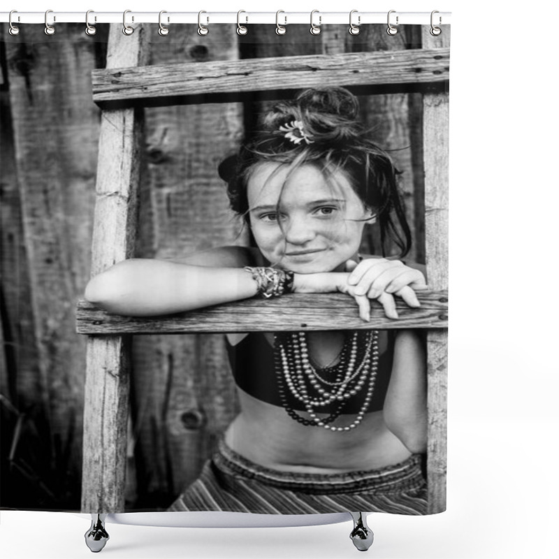 Personality  Portrait Of A Girl In Hippie Clothes In The Village Outdoors. Black And White Photo. Black And White Photo. Shower Curtains