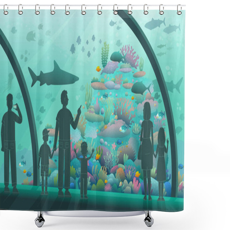 Personality  People In The Oceanarium. Parents And Children Look At Ocean Fish And Marine Inhabitants. A Variety Of Underwater Flora And Fauna. Vector Illustration In Cartoon Style Shower Curtains