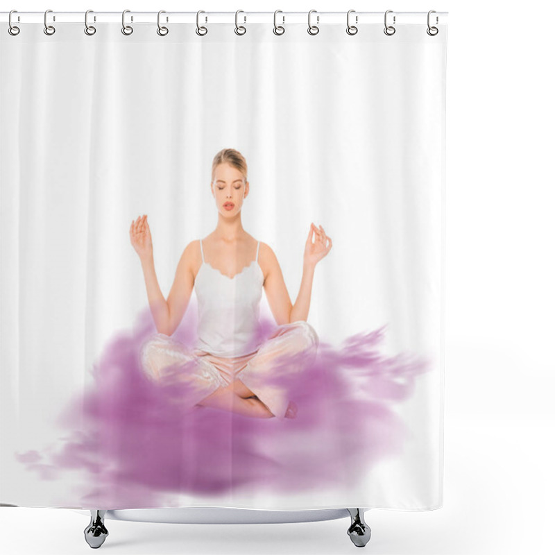 Personality  Girl In Lotus Pose Meditating With Purple Cloud Illustration  Shower Curtains