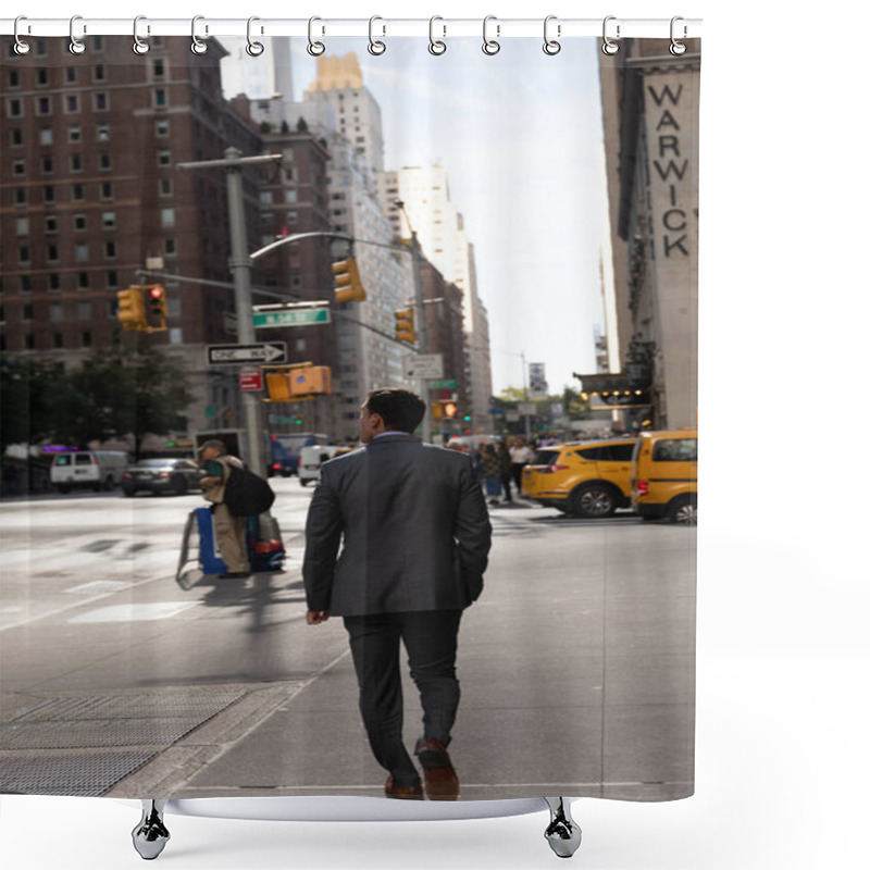 Personality  NEW YORK, USA - OCTOBER 11, 2022: Man Walking On Blurred Urban Street In Manhattan  Shower Curtains