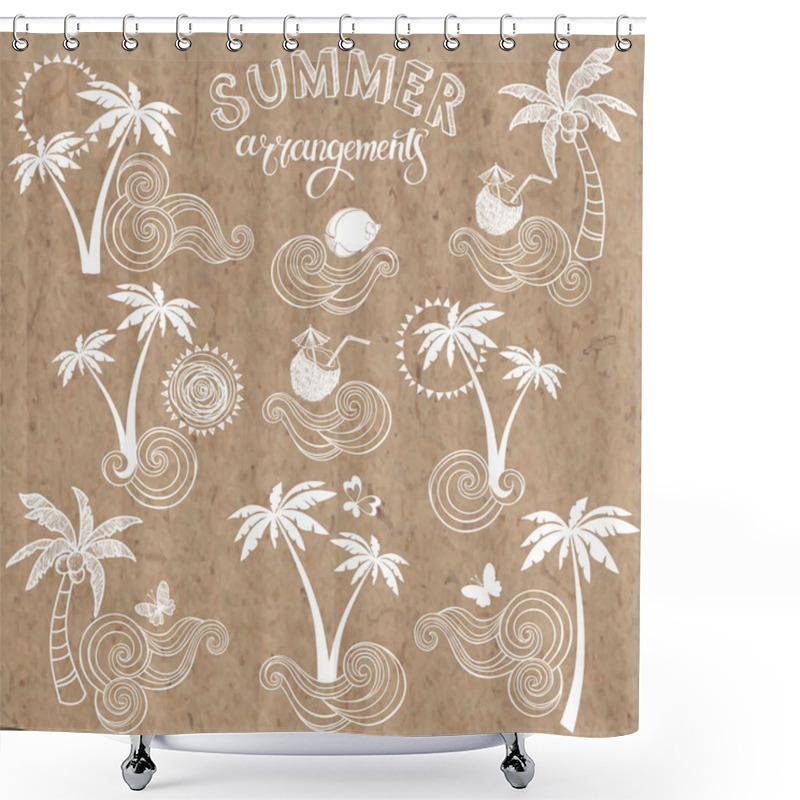 Personality  Words Summer Arrangements With Palms And Cocktails On Brown Background  Shower Curtains