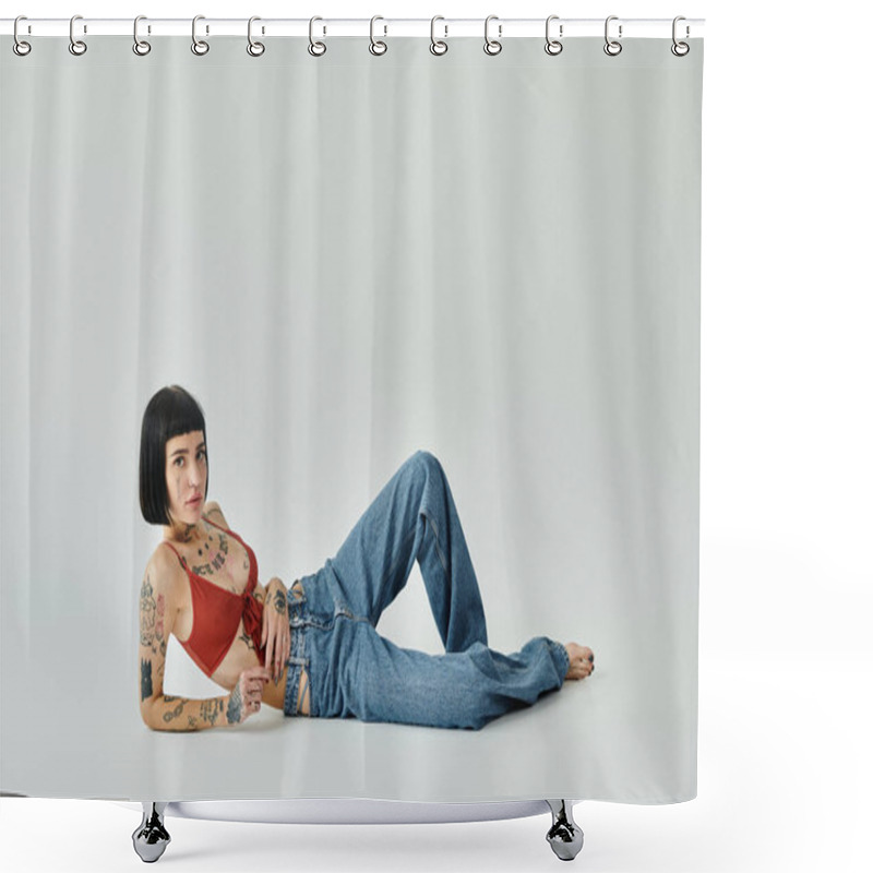 Personality  A Fashionable Woman Relaxes, Showcasing Her Vibrant Tattoos And Trendy Outfit. Shower Curtains