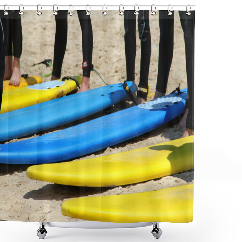 Personality  Surfing Team On The Beach Shower Curtains