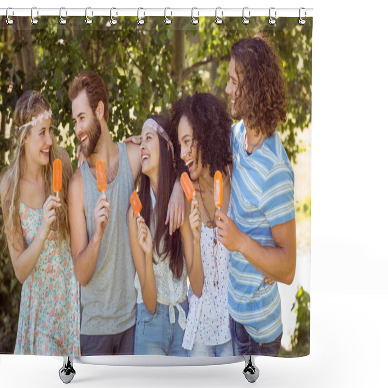 Personality  Hipster Friends Enjoying Ice Lollies Shower Curtains