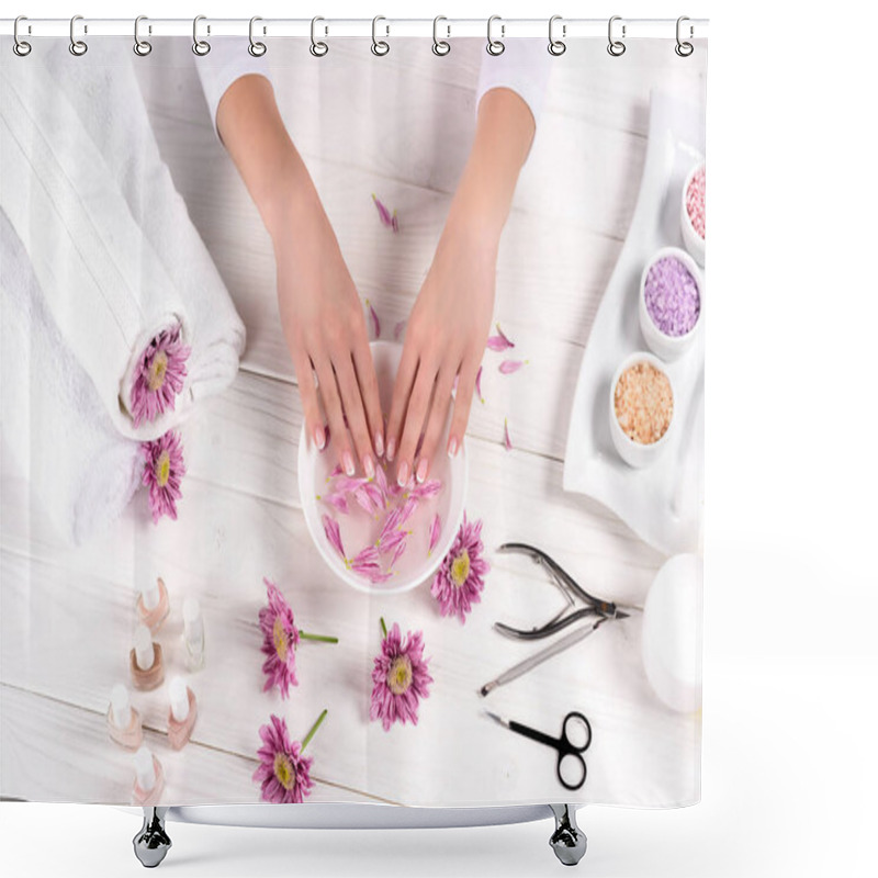 Personality  Partial View Of Woman Receiving Bath For Nails At Table With Flowers, Towels, Colorful Sea Salt, Aroma Oil Bottles, Nail Polishes, Cream Container And Tools For Manicure In Beauty Salon  Shower Curtains