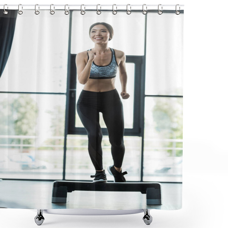 Personality  Cheerful Woman Working Out On Step Platform In Sports Center  Shower Curtains