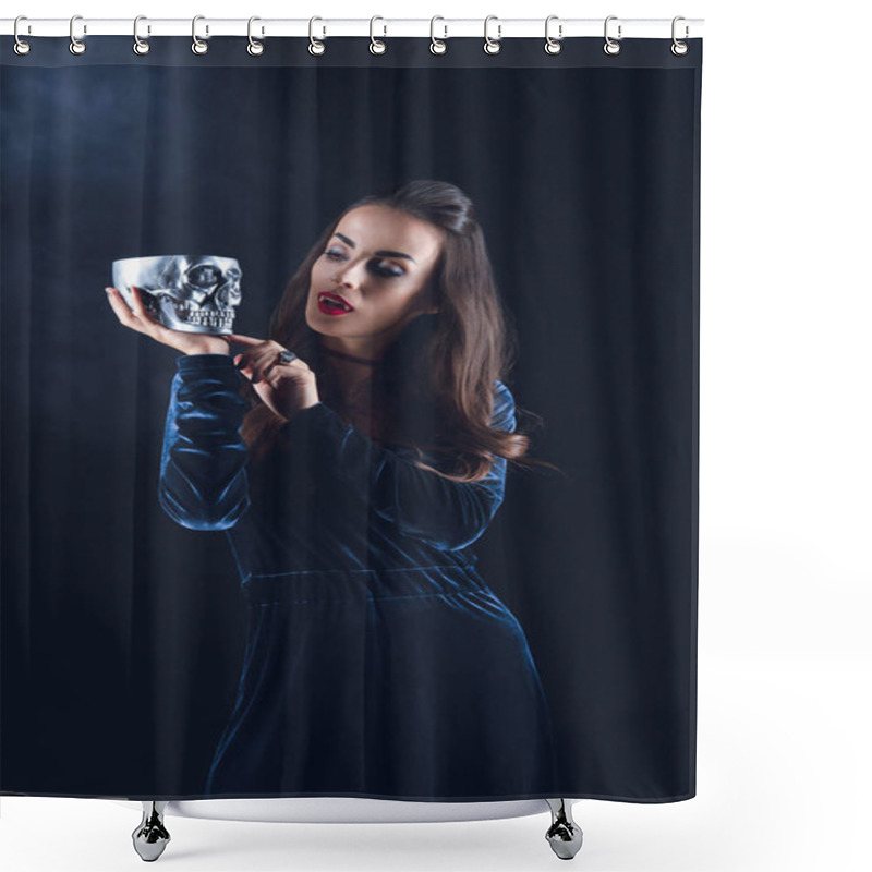 Personality  Vampire Woman Holding Metal Skull On Dark Background With Smoke  Shower Curtains