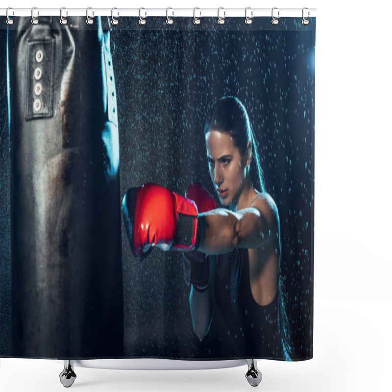 Personality  Strong Boxer In Red Boxing Gloves Training Under Water Drops On Black Shower Curtains