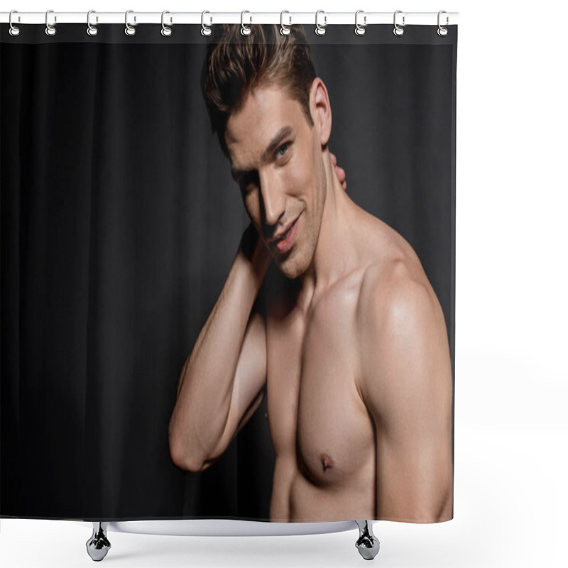 Personality  Smiling Sexy Young Naked Man With Muscular Torso Posing On Black Background Shower Curtains