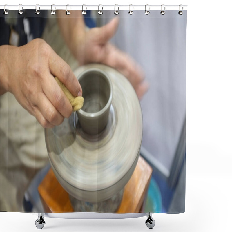 Personality  Concept Ceramic Workshop. The Man Throwing Clay Bowl On A Pottery's Wheel. Shower Curtains