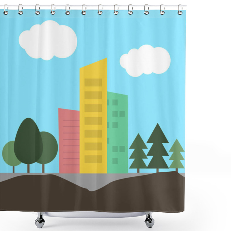 Personality  Flat Buildings With Trees And Clouds Shower Curtains