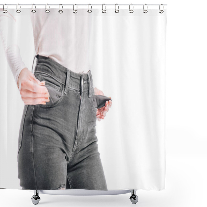 Personality  Cropped Image Of Girl Showing Empty Jeans Pockets Isolated On White Shower Curtains