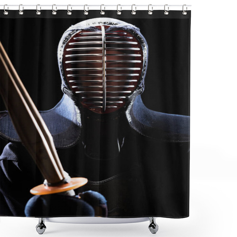 Personality  Kendo Fighter In Helmet Holding Bamboo Sword Isolated On Black Shower Curtains