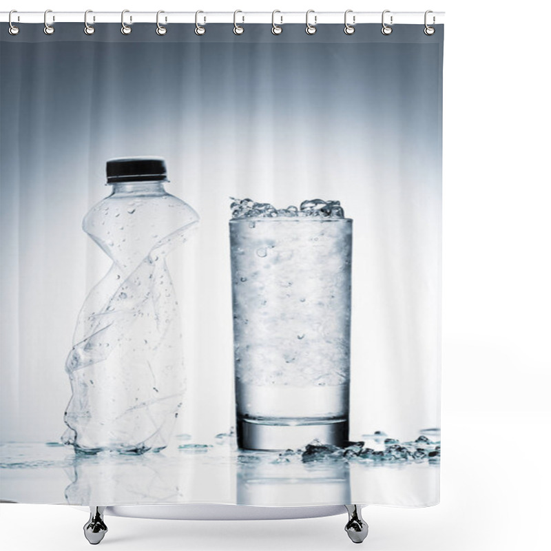 Personality  Glass Of Cold Water With Ice And Crumpled Plastic Bottle On Reflective Surface On White  Shower Curtains