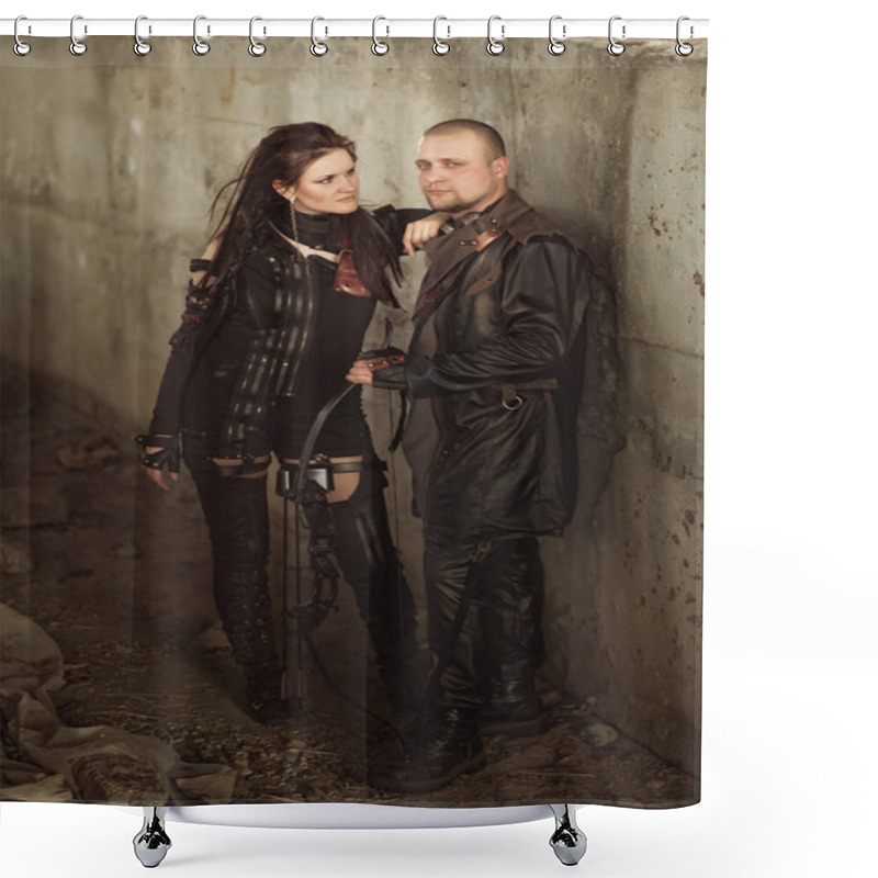 Personality  Raider Man And Woman In Leather Costume With A Bow At Post-apocalyptic World. Shower Curtains