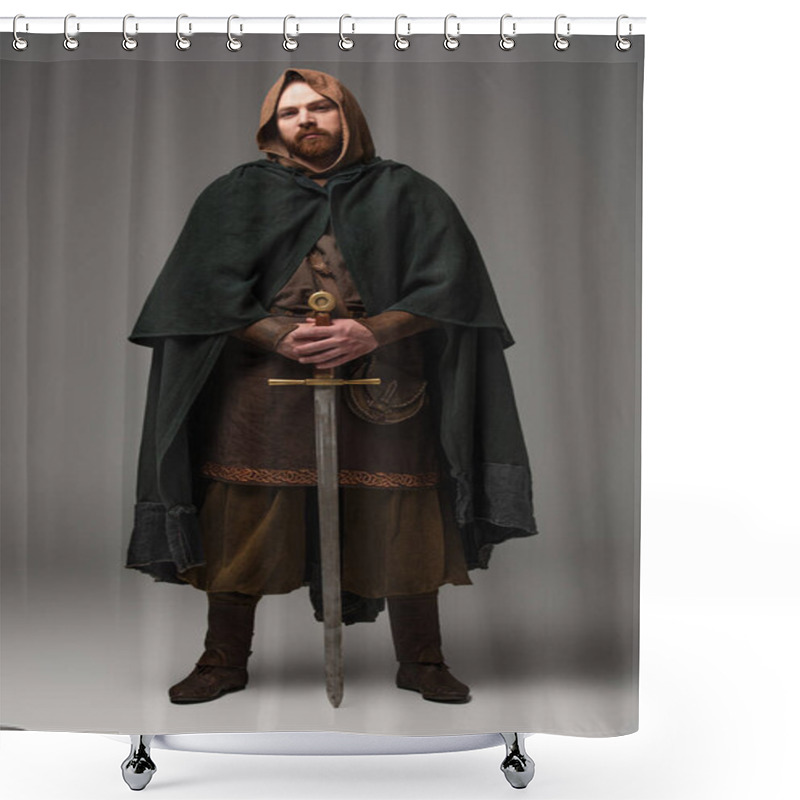 Personality  Medieval Scottish Redhead Knight In Mantel With Sword On Grey Background Shower Curtains