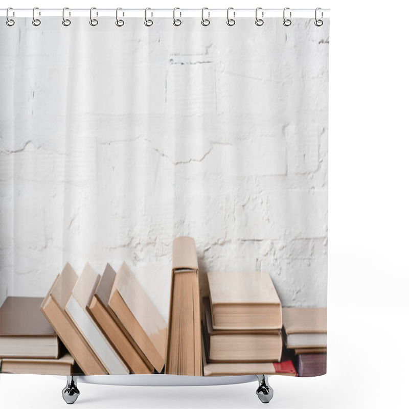 Personality  Books With Hardcovers Near White Brick Wall, Educational Background Shower Curtains