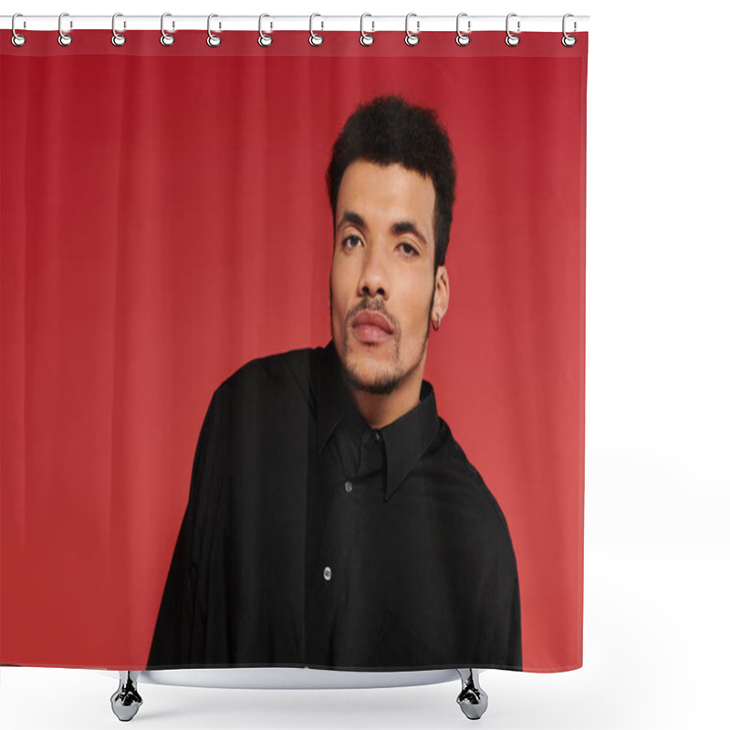 Personality  A Young, Handsome Man Stands Confidently With A Slight Tilt Against A Vivid Red Backdrop. Shower Curtains