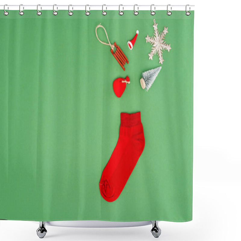 Personality  Top View Of Red Christmas Stocking Near Festive Baubles On Green Background With Copy Space Shower Curtains